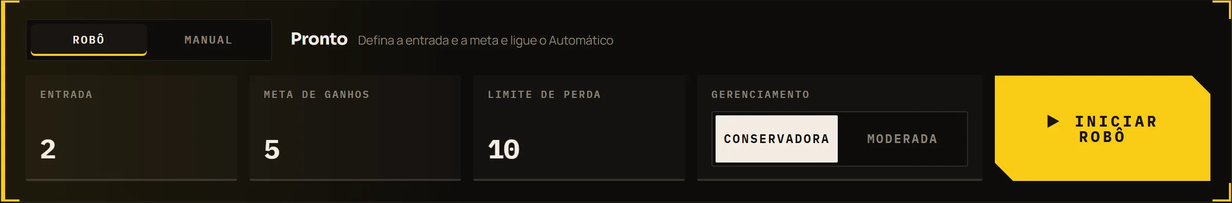 Ajustes do robô: entrada, meta, limite e gerenciamento