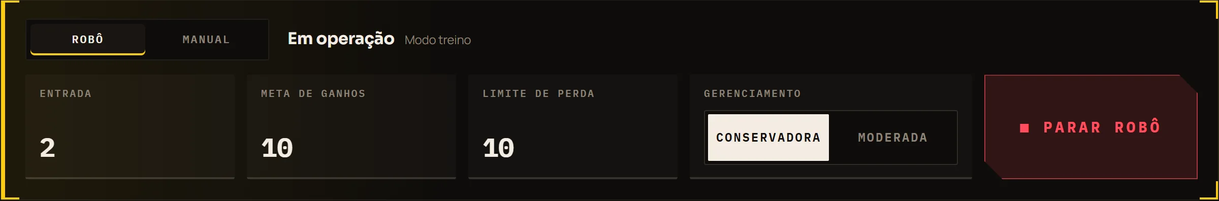 Ajustes: entrada, meta de ganhos, limite de perda e gerenciamento